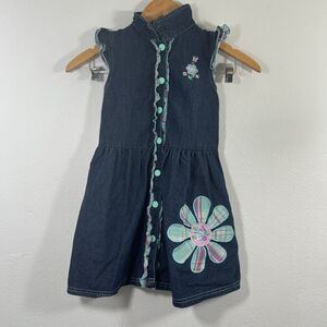 Vtg Carter's Denim Dress Kids 6X Blue Embroidered Vacation‎ Sundress